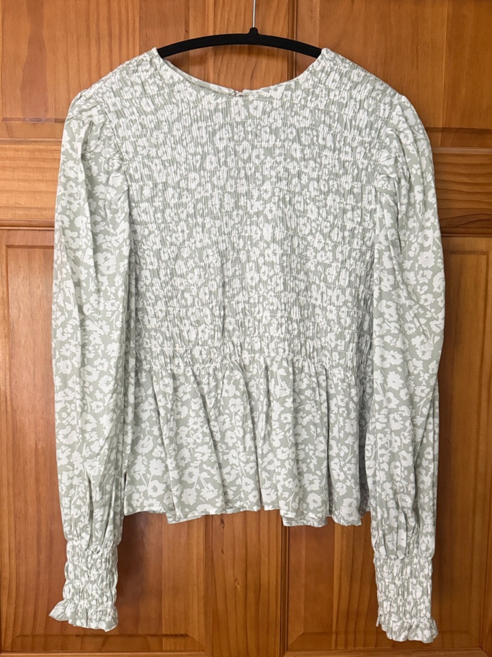 A New Day Smocked Floral Long-Sleeve Peplum Top - Sage Green XL